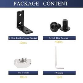 10pcs 4 Hole Inside Corner Bracket for 2020 Aluminum Extrusion 6mm Slot,Black L Corner Bracket 90 Degree with 40pcs M5 Hex Screw,40pcs M5 T Nuts,1pcs Wrench