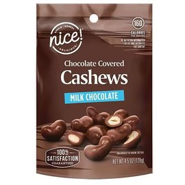 Nice! Milk Chocolate Covered Cashews, 4.5oz Bag, Crunchy Salted Roasted Cashews, Holiday Gift Snack Snacking Treat