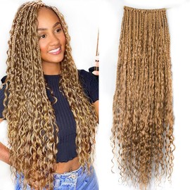 Color 27 Honey Blonde Pre Looped Boho Box Crochet Braids Human Hair Curls Ends Goddess Knotless Braids Hair Extensions Bundles Loose Deep Wave for Women #27 18Inch 80 Strands