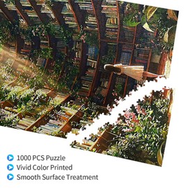 Library Jigsaw Puzzle 1000 Pieces，Library Bookshelf Jigsaw Puzzles,Plant Bookshelf Puzzles, Library Retro Aesthetic 1000 Pieces Puzzle Art, Botanical Literary Theme Difficult Challenging Hard Puzzle