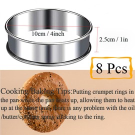 8-Pieces English Muffin Rings 4 Inch Crumpet Rings Stainless Steel Double Rolled Tart Rings Nonstick Metal Round Ring Molds for Cooking Baking Kitchen
