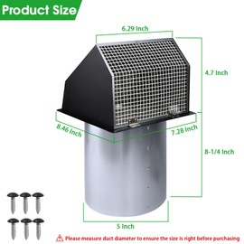 5 inch dryer Vent Cover Exterior Wall Vent Hood Outlet Airflow Vent Dryer exhaust vent with Screen and Damper,Outdoor Dryer Vent Cover cap for Range Hood/Kitchen Air Ventilation,Galvanized Steel,Black