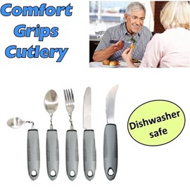 Bendable Extra Wide Handles Easy Grip Cutlery Set of 5 Disability Aids, Large Wide Handled Disability Ideal Dining aid for Elderly Disabled Arthritis People Parkinson (5Pcs Grey)