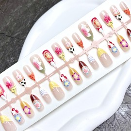 ONPRESS 30Pcs Flower Press On Nails Medium Almond Fake Nails With Colorful Floral Design False Nail Ice Flower Yellow Blooming Purple French Tip Glue on Nail Nude Acrylic Nails For Women Manicure
