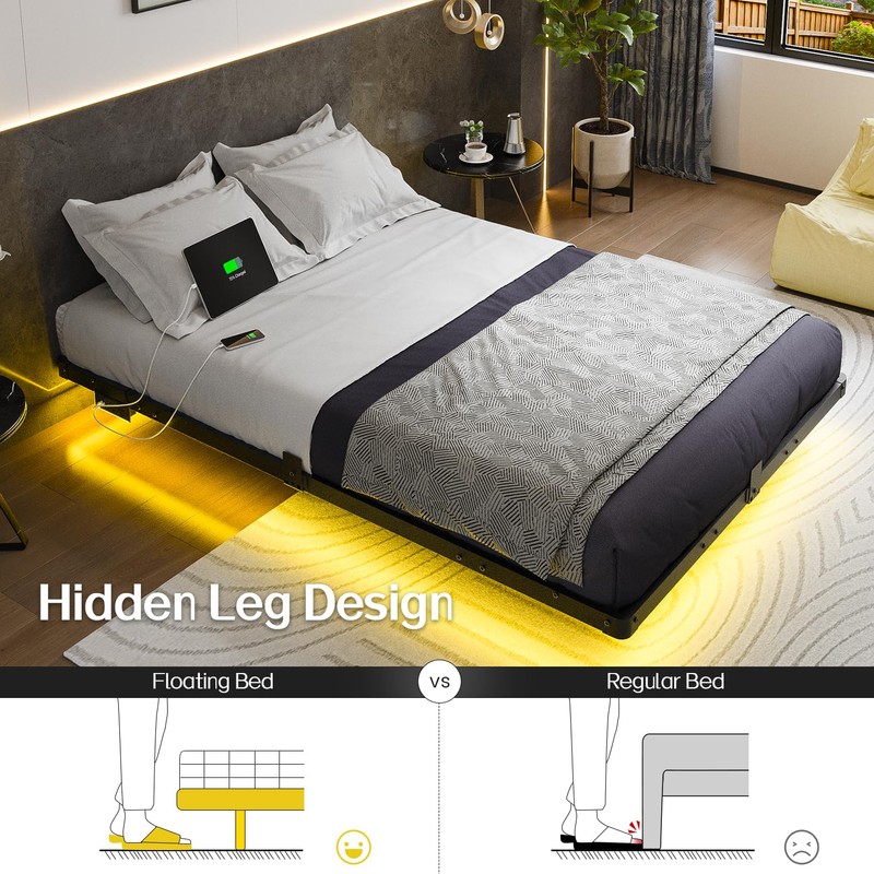 Liians Full Size Modern Floating Bed Frame with Smart LED