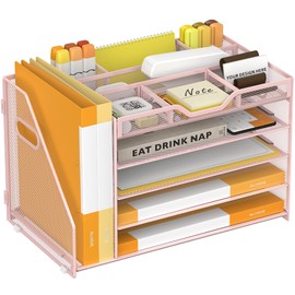 OrgMate 5 Tier Paper Letter Tray with File Holder and 3 Drop-in Pen Holders, Mesh Desk File Organizer with Handle, Desk Organizers and Accessories for School,Home, Office Supplies Storage-Pink
