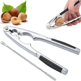 OUOQI Nutcracker, walnut, nut opener, metal, hazelnut cracker, walnut cracker, stainless steel walnut cracker with non-slip handle and 1 piece stainless steel forks, for nuts, shellfish