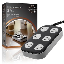 Cordinate Adapt 6 Widely Spaced Multiple Outlets Power Strip Surge Protector Braided 8 ft Extension Cord Flat Plug Electrical Extender for School Dorm Room Home Office 500 Joules, Black, 80998