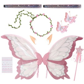 Snycler Fairy Wings for Adults and Girls，Fairy Costume Set with Floral Garland, Fairy Hair Tinsel, Wand & Elf Ears Butterfly Wings – Ideal for Cosplay, Party, Pink