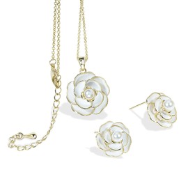 Fenni Jewelry Enamel Pearl Camellia Flower Necklace Earrings Set for Women Rose Charm Pendant Necklace Sterling Silver Earrings (White)