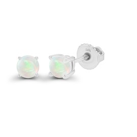 Solid 14K White Gold 4mm Round Natural Opal October Birthstone Screwback Stud Earrings