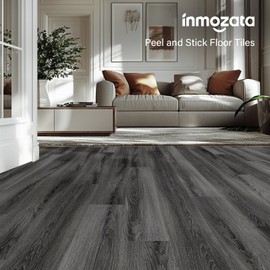Peel and Stick Floor Tile, INMOZATA Self Adhesive Vinyl Plank Flooring Wood Grain Look 36-Pack 54 Sq.Ft Grey Waterproof Tile Sticker for Bedroom, Living Room, Kitchen, RV (Dull Gray)