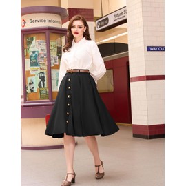Belle Poque Black A-Line Midi Skirts for Women Below Knee High Waist Midi Long Skirt with Pockets Black XL
