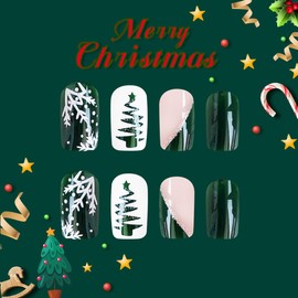 Christmas Press on Nails Square Short Fake Nails Christmas Tree False Nails With Snowflake French Designs Glitter Dark Green Full Cover Stick on Nails Acrylic Xmas Winter Artificial Nails for Women
