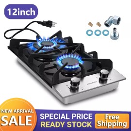 Eascookchef 2-Burners 12inch Gas Cooktop Eascookchef Tempered Glass NG/LPG Convertible New