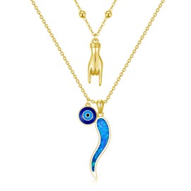 MEIDERBO Italian Horn Layered Necklaces 14K Gold Plated Sterling Silver Italian Good Luck Hand Jewelry Evil Eye Charms Cornicello Pendant Gifts for Women (Gold)