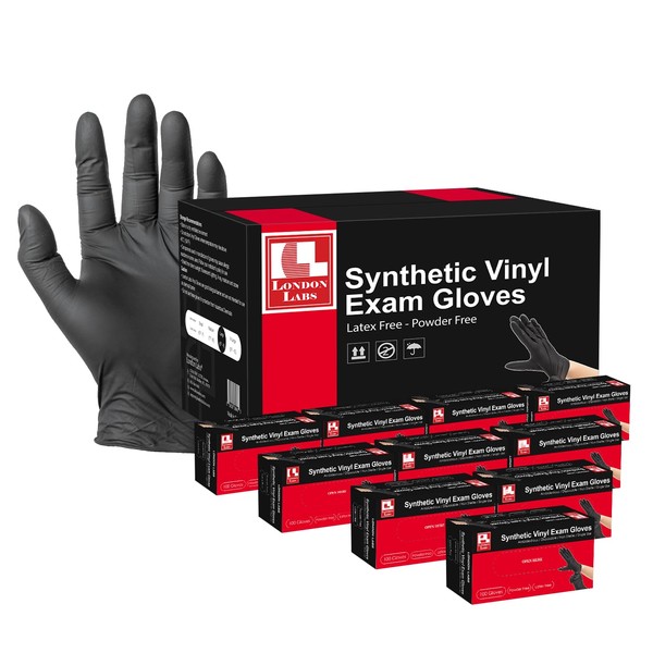 London Labs Black Synthetic Vinyl Exam Gloves Powder Free and