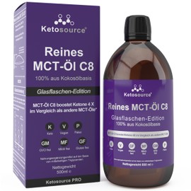 Ketosource Reines MCT ?l C8 | Glasflasche | Produziert 4X Ketone im Vergleich als Andere MCT-?le | H?chste Reinheit > 99% | 100% aus Kokosnuss | Untersttzt Keto Di?t, Keto Kaffee & Fasten | 500 ml | Ketosource?