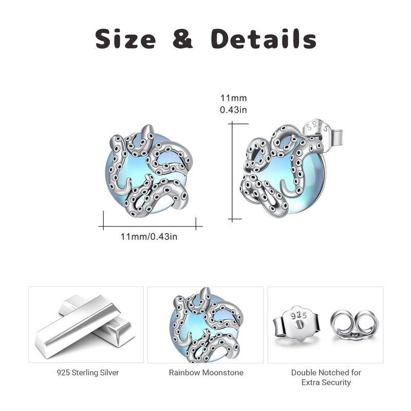 Octopus Earrings for Women, 925 Sterling Silver Moonstone Stud Earrings,