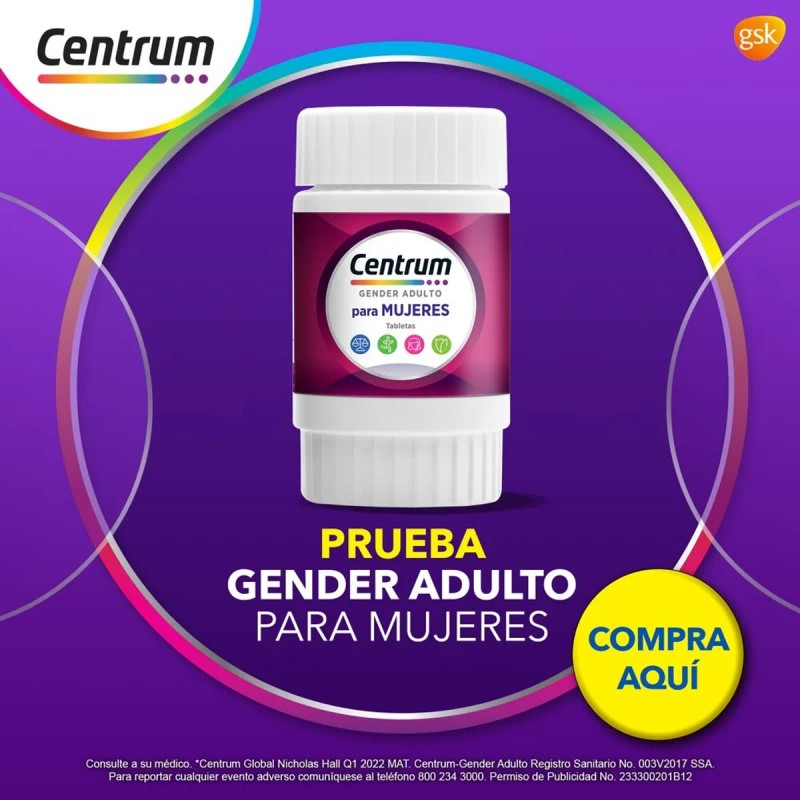 Frasco Multivitamínico Centrum Mujer Vitamina Calcio Hierro Retinol Tabletas Sabor