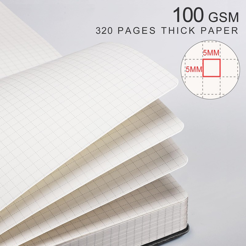 EMSHOI Graph Paper Notebook A5-320 Pages, Hardcover Leather, 100gsm Thick