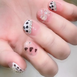 Handmade Press On Nails Short MouyouGlow, Squoval Kawaii Cute Nude Pink Cow French 3D Heart Crystal Bow Tie Bow Y2K Pink Resuable Fake Nails Girls, Handmade Artificial Fingernails, 10 Pieces, 501-M