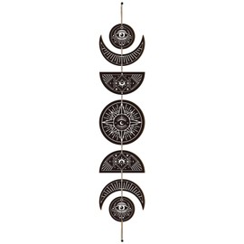 CREATCABIN 7pcs Moon Phase Wall Hanging Boho Decor Wooden Wall Art Witchy Decor Rustic Black Wood Sign Decorative Modern Art Wall Spiritual for Bedroom Apartment Bar Living Room 6.3 x 37.1 Inch(Eye)