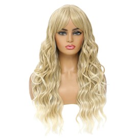 SWACC Long Curly Wavy Wig with Bangs Synthetic Hair Wig for Women with Wig Cap (Light Blonde Ombre)