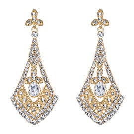 EVER FAITH Rhinestone Crystal 1920s Retro Rhombus Leaf Drop Pierced Earrings Clear Gold-Tone