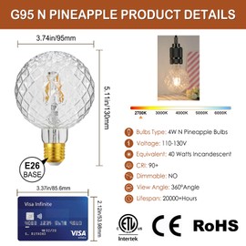 MYEARAYS 40 Watt Decorative Vintage LED Light Bulbs, N Pineapple 4W LED Filament Edison Bulb,2700K Oversized Warm Lights,Non-Dimmable E26 Lamp Base,1-Pack-Clear