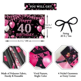 PHXEY Fabric 40th Birthday Banner Backdrop Hot Pink, Happy 40th Birthday Decoration for Women, 40 Year Old Birthday Party Yard Sign Photo Props Decor Supplies, Indoor Outdoor(6.1 x 3.6ft)