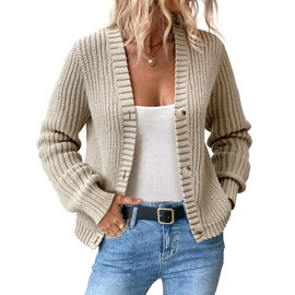 Women’s Chunky Knit Cardigan – Waffle Knit Button Down Oversized V Neck Fall Sweater for Casual Layering (US, Alpha, Medium, Regular, Regular, Beige)
