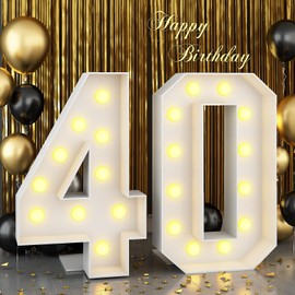 4ft Light Up Numbers 40 Large Numbers with Lights Bulbs White Marquee Frame for Men Women 40th Birthday Party Decorations Anniversary Pre-Cut Mosaic Cardboard Giant Cut-Out Thick Foam Board Sign