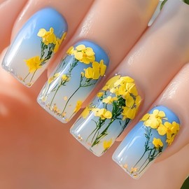 Fake Nails Medium Coffin Press on Nails Gradient with Flower Design Blue Ombre False Nails Full Cover Acrylic Artificial Nails Glossy Glue on Nails Rape Flowers Stick on Nails for Women 24PCS
