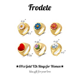 Frodete 6Pcs Gold Y2k Rings for Women,Cute Colorful Chunky Rings Yin Yang Daisy Butterfly Flower Enamel Ring Set Minimalist Statement Ring (6pcs)