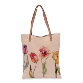 COTT N CURLS Tulips Book Tote - 16" x 15" Canvas Bag With Zipper, Handcrafted With Compartments, Durable Work and Beach Tote, Digitally Printed Designs and Leather Handles