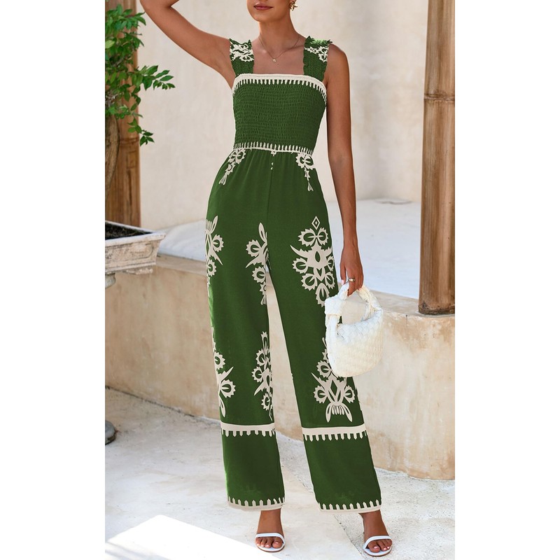 PRETTYGARDEN Womens Jumpsuit Casual One Piece Boho Summer Outfits Shirred