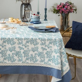 GLORY SEASON Rustic Tablecloth Solid Cotton Fabric Bordered Retro Tablecloths Classic Plant Leaf Printed Linen Fabric Table Cover Farmhouse Decoration 52x70 Inches Rectangle/Oblong Blue for Kitchen