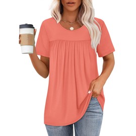 WIHOLL Womens Summer Tops Trendy Short Sleeve T Shirts Pleated Work Teacher Dressy Casual Tunic 2025 Outfits Coral S