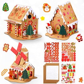 Christmas Craft Kit Christmas Gingerbread House Kit Sets of 3 Christmas Craft House Make-a-Gingerbread House Craft for Boy Girl Christmas Party Game Craft Supplies (Lovely Style)