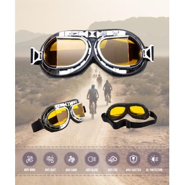 CRG Sports Vintage Aviator Pilot Style Motorcycle Cruiser Scooter Goggle T08 T08SYB Yellow lens, silver frame, black padding