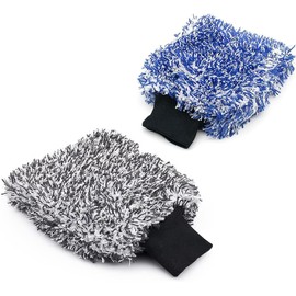Paquete de 2 Guantes de Microfibra para Lavar el Coche,Sin Arañazos, Sin Pelusa,Acolchado de Espuma,Perfecto para Lavar Sin Enjuague, Guantes de Lavado Fáciles de Limpiar (Azul, Negro)