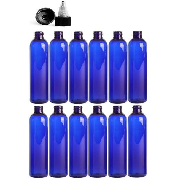 Premium Essential Oil 4 Ounce Cosmo Round Bottles, PET Plastic Empty Refillable BPA-Free, with Black/Natural Twist Top Caps (Pack of 12) (Blue)