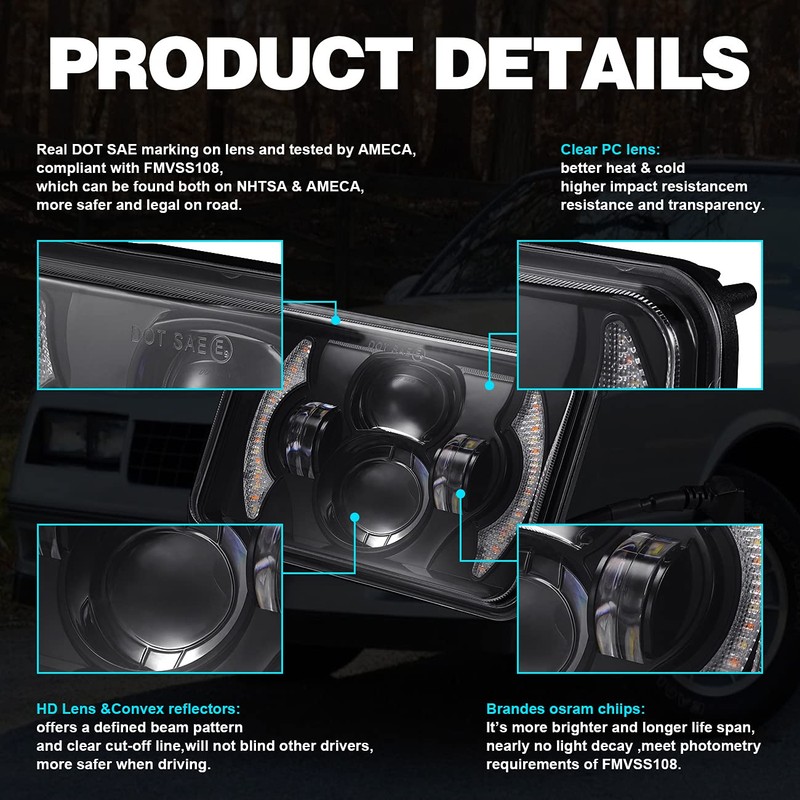 2PCS 120w 4x6 Inch LED Headlights with DRL Turn Singal