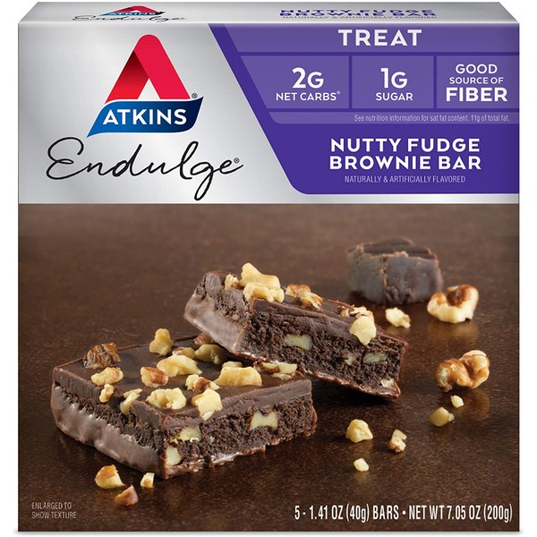 Atkins Endulge Treat Nutty Fudge Brownie Bar. Decadent Brownie Treat with Chocolatey Coating and Walnuts. Keto-Friendly. (5 Bars)