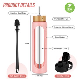 FULBEVY 32 oz Glass Water Bottles - 1 Liter Motivational Tumbler Water Bottle Time Marker - Borosilicate Glass Water Bottle With Silicone Sleeve and 2 Lids, Handle Spout & Bamboo Straw Lid