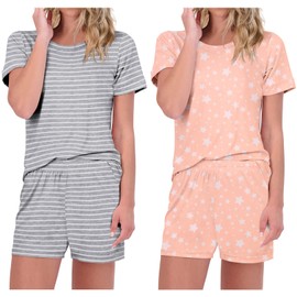Ekouaer 2 Pack Pajamas Short Sleeve Top with Shorts Sets Comfy Pjs Lounge Sets Sleepwear for Women Striped/Star XXL