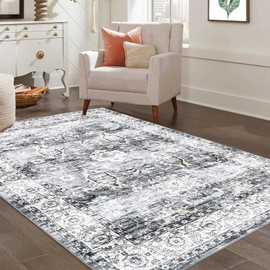 RUGSREAL Washable Rug Large Living Room Vintage Distressed Area Rug 8x10 with Non-Slip Rubber Backing Indoor Throw Oriental Accent Floor Cover Carpet for Bedroom Nursery Home Office, Grey