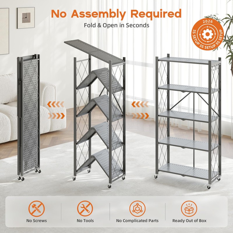 5-Tier Foldable Metal Storage Shelf with Wheels, 750 lb Capacity