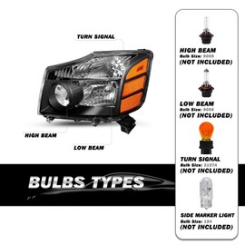 SOCKIR Headlight Assembly Set Replacement for 2004-2015 Nissan Titan / 2005-2007 Armada Halogen Headlamp Driver and Passenger Side Black Housing Amber Reflector